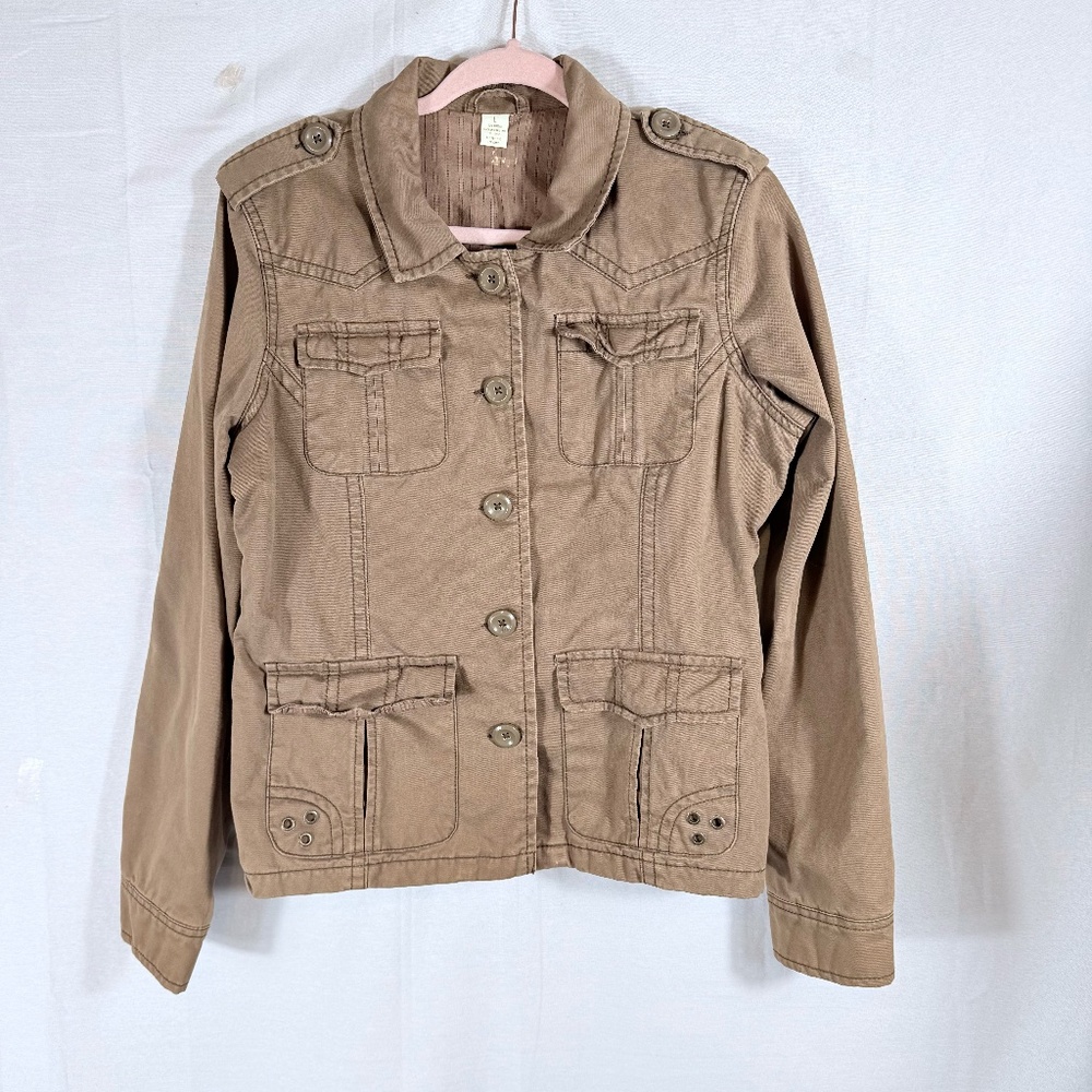 AEROPOSTALE COTTON UTILITY FIELD CARGO JACKET WOMENS SIZE L BROWN BUTTON CLOSURE